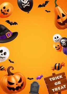Halloween Spooky Background with Pumpkins, Bats, Candy and Witch Hat Stock Illustration