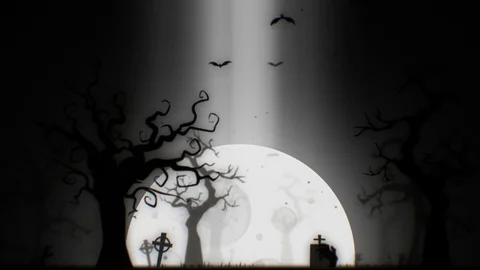 Halloween spooky background white theme, with the spooky tree,moon and graveyard Stock Footage 80263345