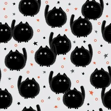 Halloween spooky cats seamless pattern on gray background. Funny fat cat hall Stock Illustration