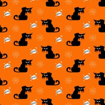 Halloween spooky cats seamless pattern on orange background and cloud boo. Fu Stock Illustration