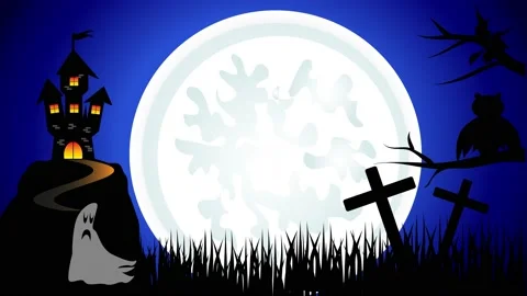 Halloween Spooky Dark Background - Witch Flying over the moon and haunted house Stock Footage 154214408