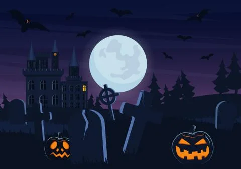 Halloween spooky graveyard flat vector background Illustrazione stock