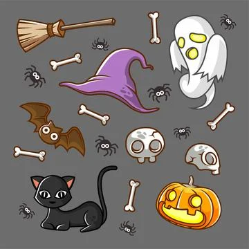 Halloween spooky pattern, ghost, cat, witch hat, bat cartoon illustration vec 스톡 일러스트