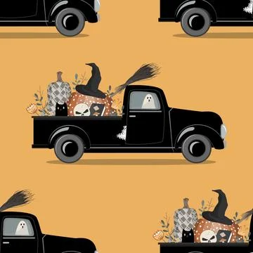 Halloween Spooky Pick-up Vector Seamless Pattern. Cute characters bat, cat,.. Stock Illustration