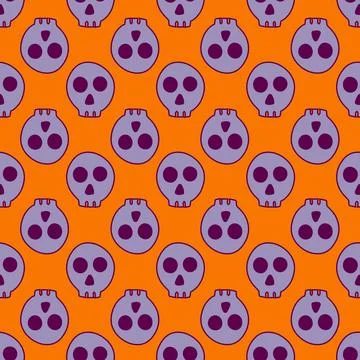 Halloween spooky skull vector pattern on orange background Stock Illustration