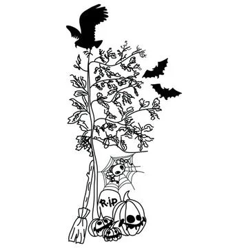 Halloween spooky tree with bats pumpkins and skulls Stock Illustration