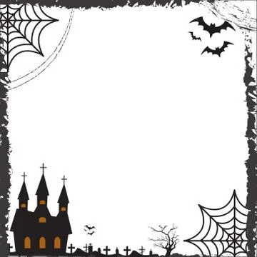 Halloween square frame for text with cobweb, bat, castle. Template for your Stock Illustration