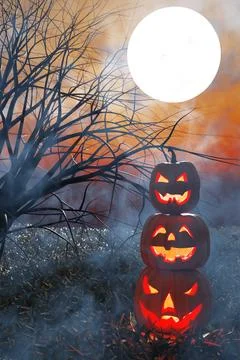 Halloween. A stack of Jack-o'-lantern pumpkins on a foggy dark forest Stock Illustration