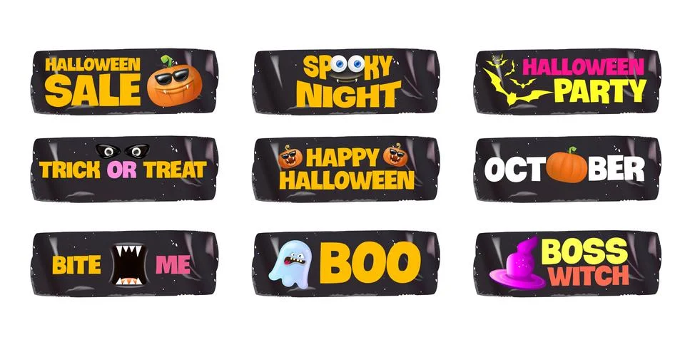 Halloween sticker banners set vector illustration. Black plastic Halloween Stock Illustration