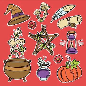 HALLOWEEN STICKER SET Occult Celestial Sketch Vector Pack Stock Illustration