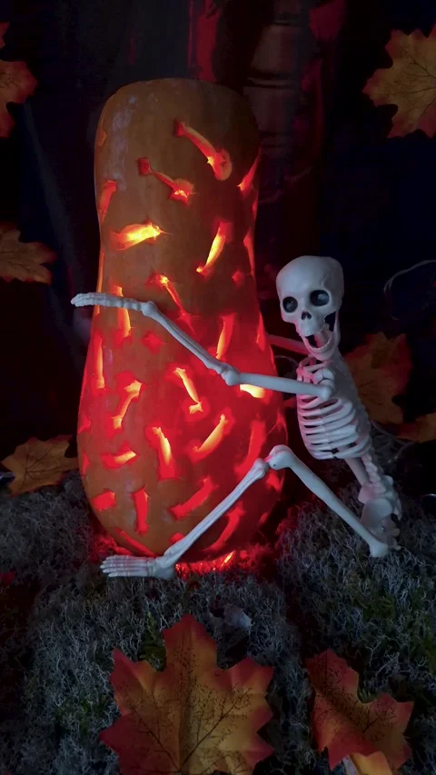 Halloween still life with a skeleton and pumpkin Stock Footage 318988053