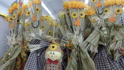 Halloween store with scarecrows made of Straw and Hay , Harvest , Scare, crows Stock Footage 80081082