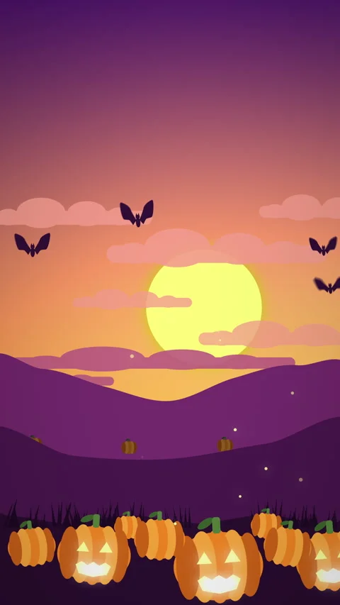 Halloween Sunset Pumpkin Patch Background with Bats and Hills Vídeo Stock 345641815