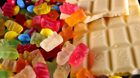 Halloween sweets gummy bear candy chocolate bar. Stock Footage 96544973