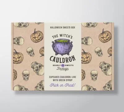 Halloween Sweets Pattern Realistic Cardboard Box with Banner. Abstract Vector Illustrazione stock
