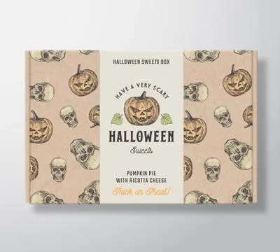 Halloween Sweets Pattern Realistic Cardboard Box with Banner. Abstract Vector イラスト素材