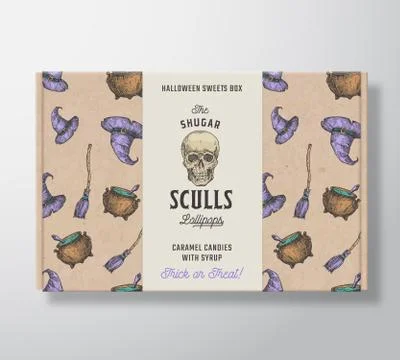 Halloween Sweets Pattern Realistic Cardboard Box with Banner. Abstract Vector Illustrazione stock