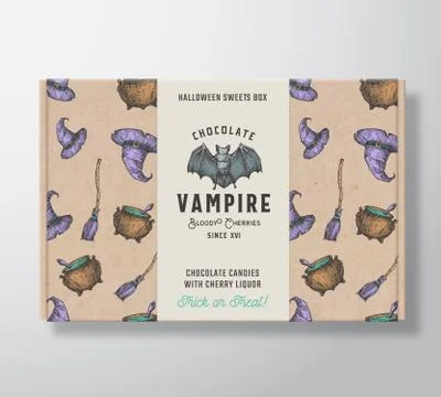 Halloween Sweets Pattern Realistic Cardboard Box with Banner. Abstract Vector Illustrazione stock