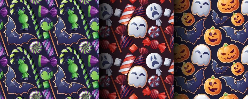 Halloween Sweets Seamless Pattern Set with Pumpkin,Ghost, Bat Candy, Lollipops Illustrazione stock