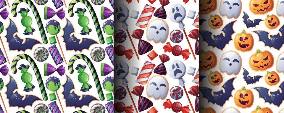 Halloween Sweets Seamless Pattern Set with Pumpkin,Ghost, Bat Candy, Lollipops Stock Illustration