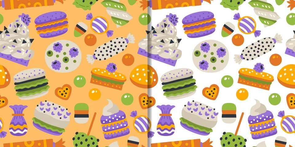 Halloween sweets set with seamless pattern and cute trick or treat candies Stock Illustration