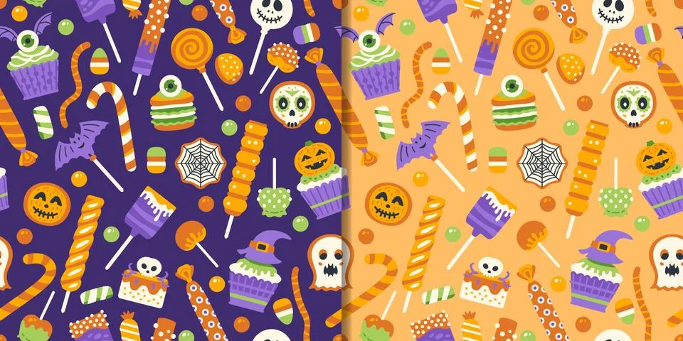 Halloween sweets set with seamless pattern and cute trick or treat candies Stock Illustration