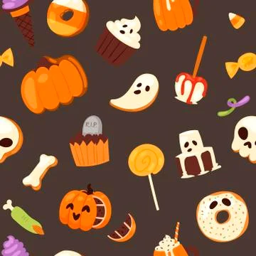 Halloween sweets vector seamless pattern. Pumpkin chocolate cake, ghost and 스톡 일러스트