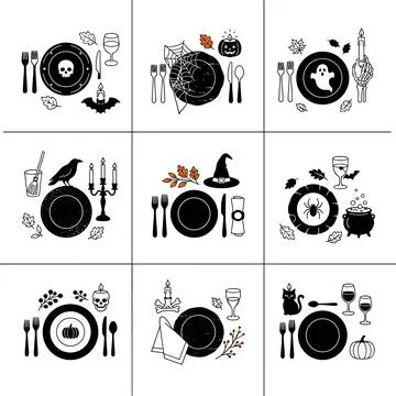 Halloween Table Setting Illustrations, Black and White Dining Plates with S.. Stock Illustration