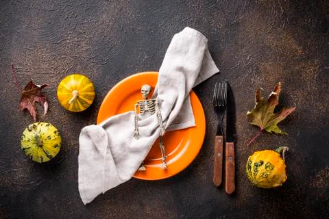 Halloween table setting with pumpkin Stock Photos