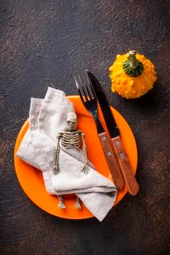 Halloween table setting with pumpkin Stock Photos