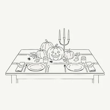 Halloween table setting with pumpkins and spiders line art Silhouette Stock Illustration