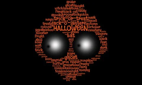 Halloween tag cloud forms a ghoul, spook, alien with large, staring eyes Stock Illustration