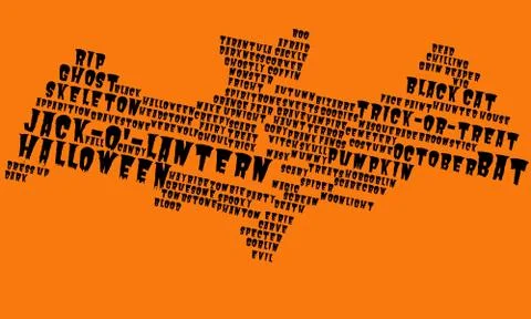 Halloween tag, text cloud in the shape of a black bat on orange background Illustrazione stock