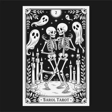 Halloween Tarot Skeleton Lovers with Ghosts and Candles in Black and White .. Stock-Illustration