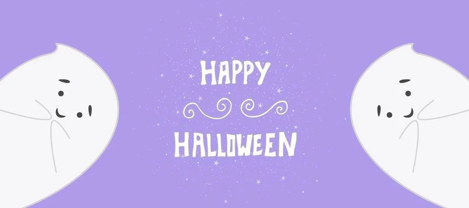 Halloween template design with vector ghost character. Two funny  white ghost Stock Illustration