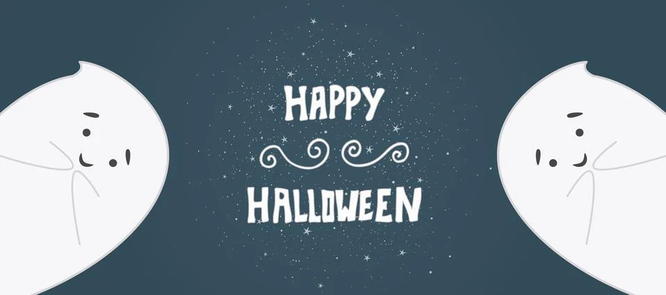 Halloween template design with vector ghost character. Two funny  white ghost Stock Illustration