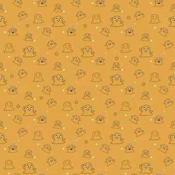 Halloween template. Seamless pattern with cute little cartoon ghosts and Illustrazione stock