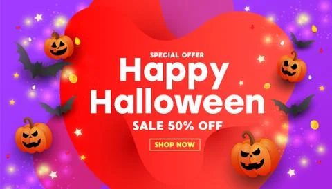 Halloween template set of banners with pumpkins, bats and glitter stars in a  Stock Illustration