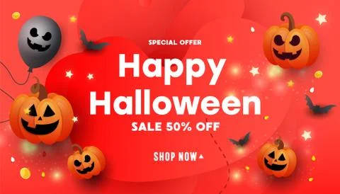 Halloween template set of banners with pumpkins, bats and glitter stars on re Stock Illustration