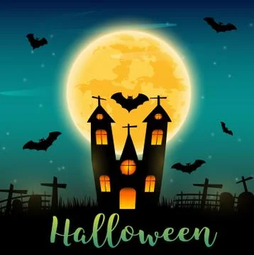 Halloween text and dark castle and bats on Moon background. Stock Illustration