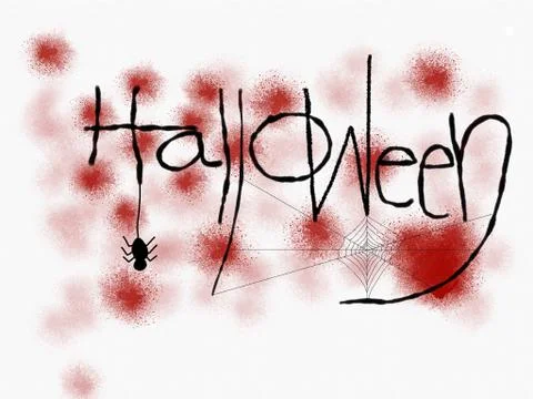 Halloween text on white background with drop of red blood , black spider hang Stock Illustration