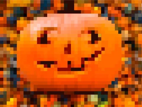 Halloween texture, pixel funny orange pumpkin. Greeting card for party and sale Stock Illustration