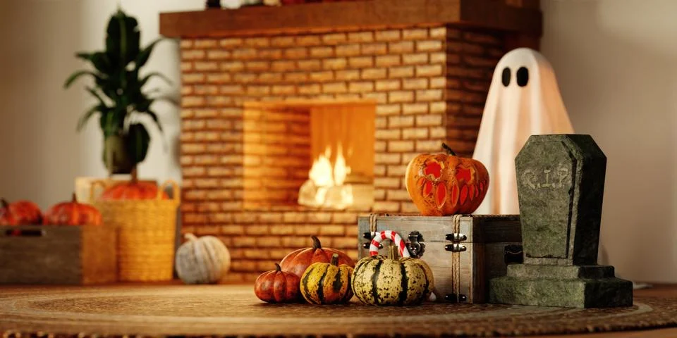 Halloween theme with assorted pumpkins and a ghostly figure. 3D render Stock Illustration