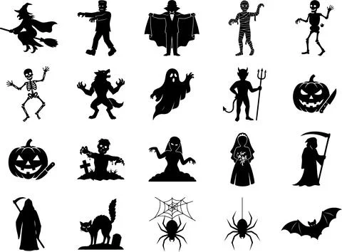 Halloween Theme Characters and Spooky Elements Silhouette Icon Collection Set 스톡 일러스트
