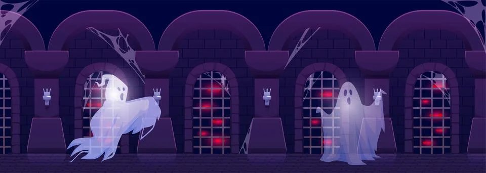 A Halloween theme featuring a group of evil ghosts in an abandoned dungeon. Stock Illustration