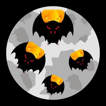 Halloween theme. A flock of bats with pumpkins on the background of the moon. Stock Illustration