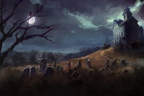 Halloween theme with grave yard, and a house at night Stock Illustration