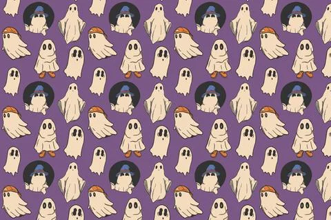 Halloween theme pattern with cute ghost illustration on purple background Stock Illustration