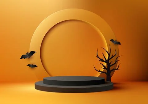 Halloween Theme Product Display 3D Black Podium with Black Dead Tree and Bats Stock Illustration