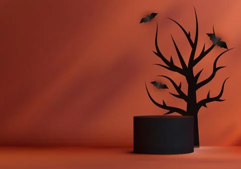 Halloween Theme Product Display 3D Black Podium with Black Dead Tree and Bats Stock Illustration